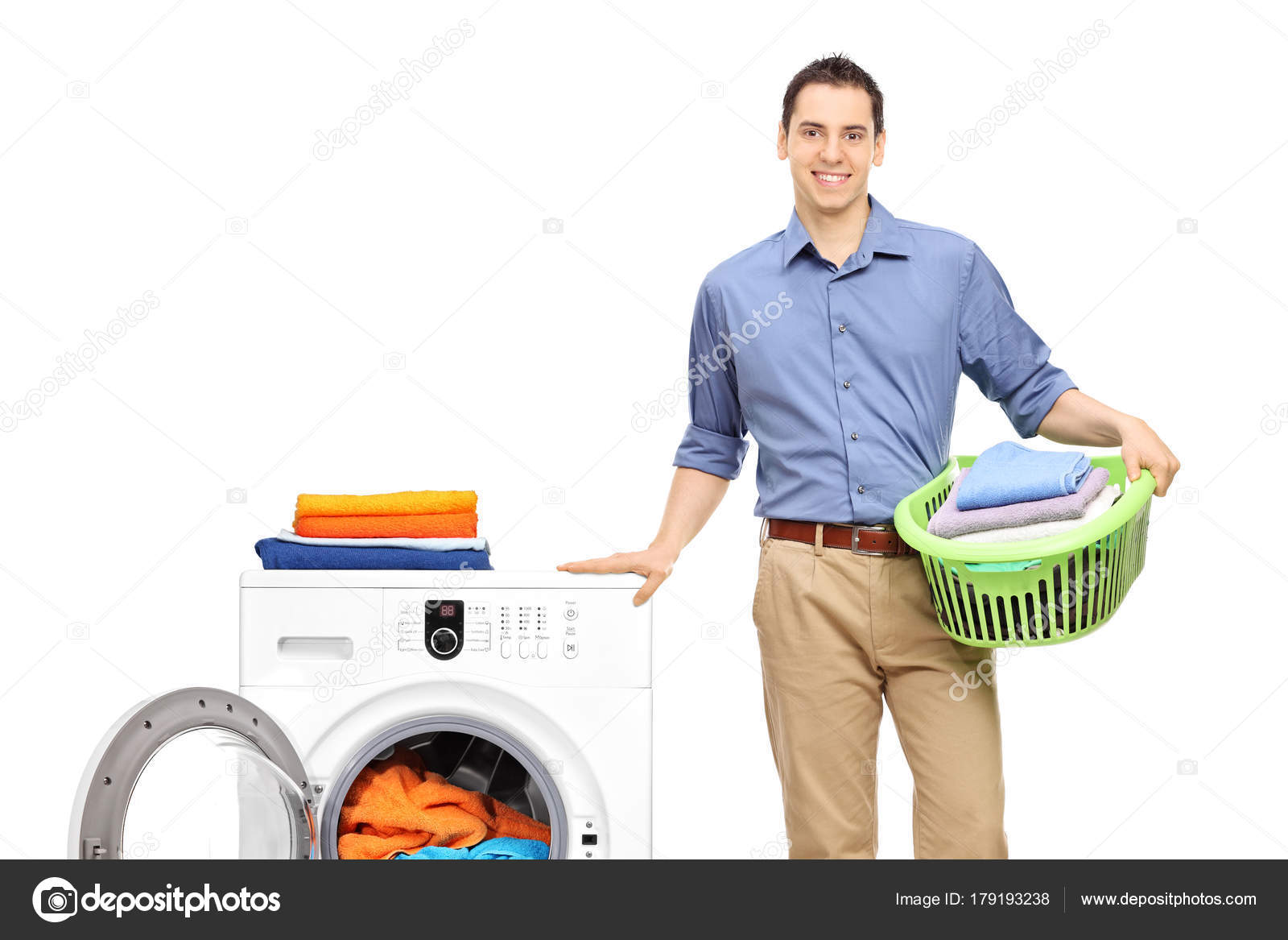 deugd Vader Sandalen Man with a laundry basket next to a washing machine Stock Photo by  ©ljsphotography 179193238