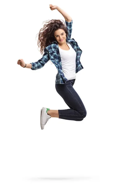 Dolblij meisje springen en gebaren van geluk — Stockfoto