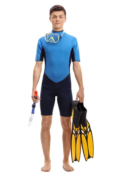 Dospívající chlapec v obleku s vybavení pro šnorchlování — Stock fotografie