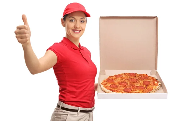 Pizza consegna ragazza fare un pollice su gesto — Foto Stock