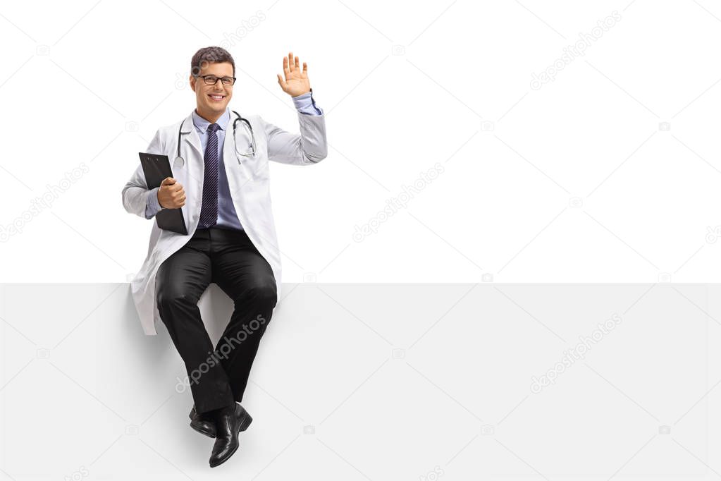 Doctor with a clipboard sitting on a panel and waving 