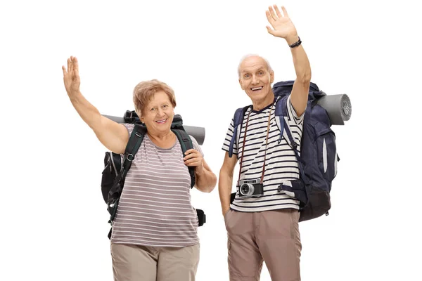 Elderly hikers waving at the camera — Stock Photo, Image