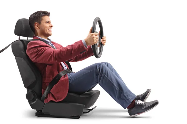 Srác ül egy autó ülés és a vezetés — Stock Fotó