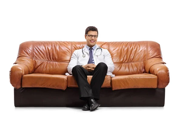 Doctor Sitting Leather Sofa Isolated White Background — Stock Photo, Image