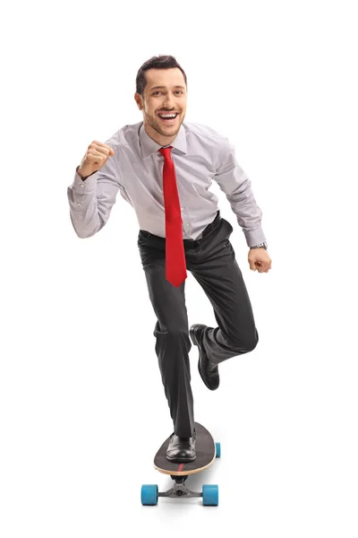 Geschäftsmann reitet Longboard und gestikuliert mit der Hand — Stockfoto