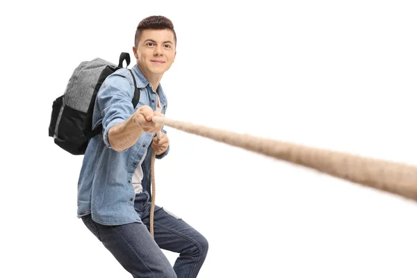 Estudante Adolescente Puxando Uma Corda Isolada Fundo Branco — Fotografia de Stock