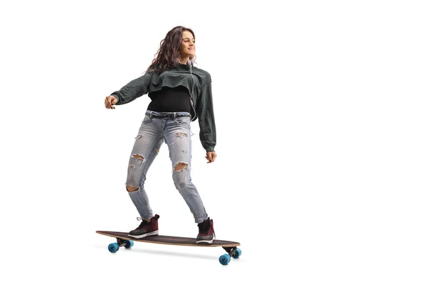 Full Length Profile Shot Teenage Girl Riding Longboard Isolated White — Stock Photo, Image