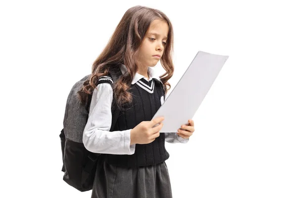 Sad Little Schoolgirl Looking Exam Isolated White Background — Stock Photo, Image