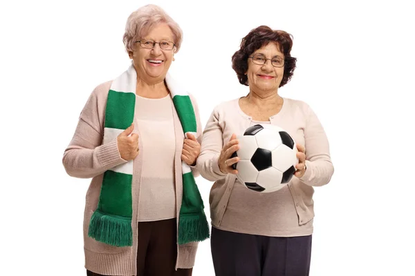 Äldre Kvinnliga Fotbollsfans Med Halsduk Och Fotboll Som Isolerad Vit — Stockfoto