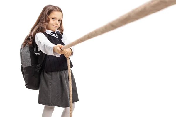 Weinig Schoolmeisje Trekken Een Touw Geïsoleerd Witte Achtergrond — Stockfoto