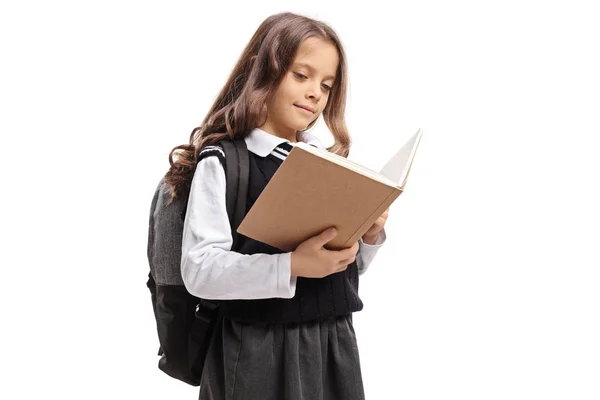 Schoolgirl Reading Book Isolated White Background — Stock Photo, Image