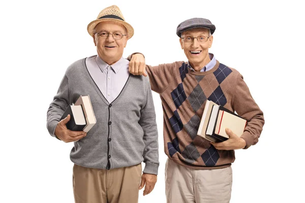 Senioren Met Boeken Kijken Naar Camera Glimlachend Geïsoleerd Witte Achtergrond — Stockfoto