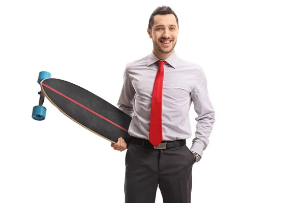 Uomo Affari Con Longboard Guardando Fotocamera Sorridendo Isolato Sfondo Bianco — Foto Stock