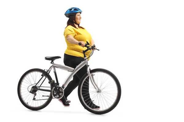 Full Length Profile Shot Overweight Woman Pushing Bicycle Isolated White — Stock Photo, Image