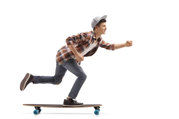 Perfil Longitud Completa Adolescente Hipster Montando Longboard Aislado Sobre Fondo —  Fotos de Stock
