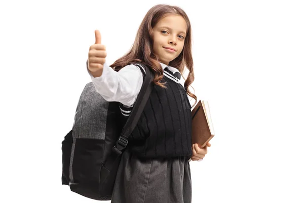 Écolière Avec Sac Dos Livre Faisant Geste Pouce Vers Haut — Photo