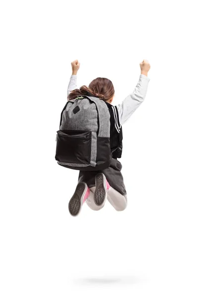 Rückwärtige Aufnahme Eines Schulmädchens Mit Einem Rucksack Das Auf Weißem — Stockfoto