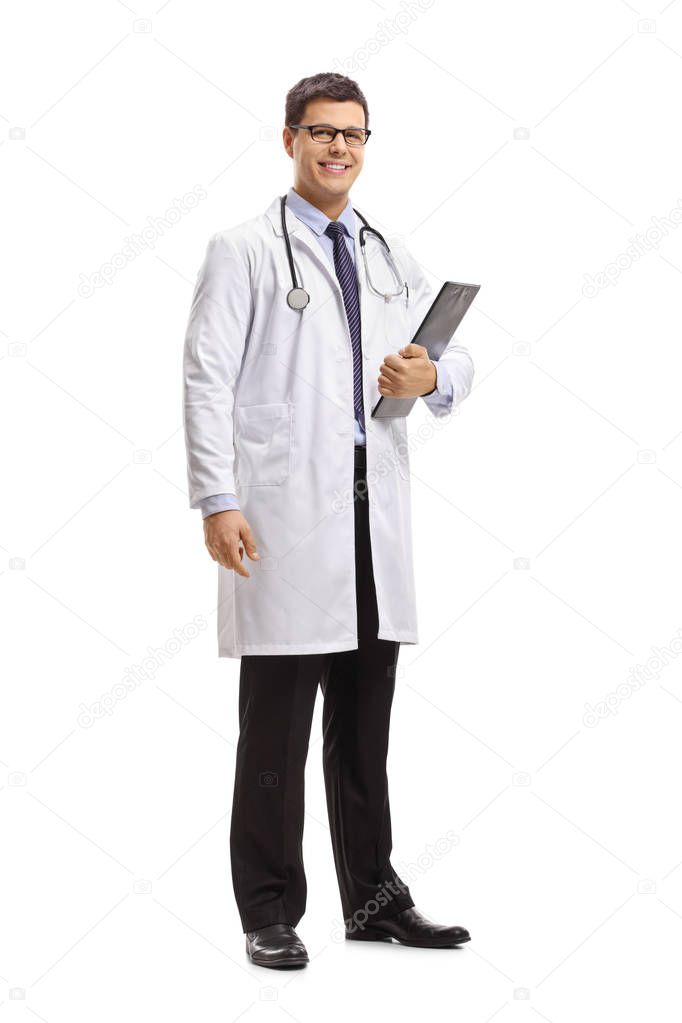 Full length portrait of a doctor with a clipboard isolated on white background