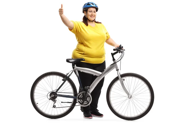 Full Length Portrait Overweight Woman Bicycle Making Thumb Gesture Isolated — Stock Photo, Image