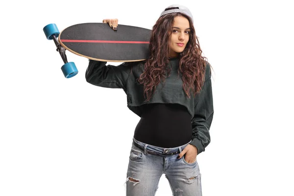 Teenager Mädchen Mit Einem Longboard Isoliert Auf Weißem Hintergrund — Stockfoto