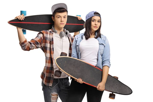 Teenager Skater Mit Longboards Auf Weißem Hintergrund — Stockfoto