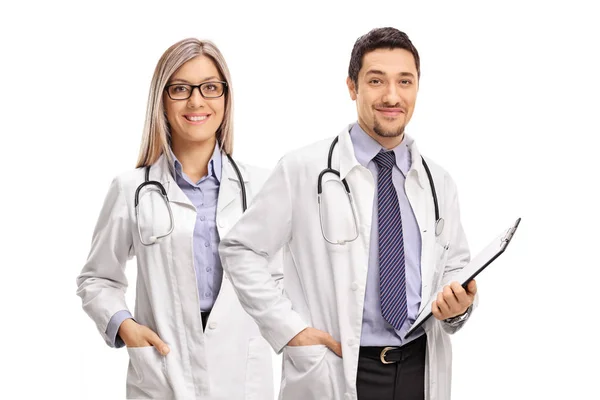 Female Doctor Male Doctor Clipboard Isolated White Background — Stock Photo, Image
