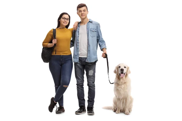 Helaftens Portrett Tenåringsstudenter Med Hund Som Henter Labradorer Isolert Hvit – stockfoto