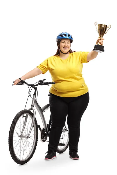 Full Length Portrait Overweight Woman Bike Golden Trophy Isolated White — Stock Photo, Image