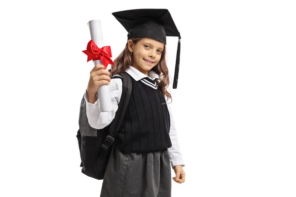 Kis Iskolás Egy Ballagási Kalap Egy Diploma Elszigetelt Fehér Background — Stock Fotó