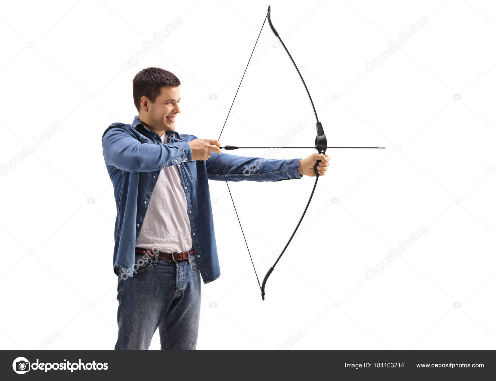 Young Man Aiming Bow Arrow Isolated White Background Stock Photo by