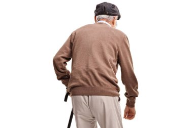 Üst düzey bir beyaz arka plan üzerinde izole yürüyüş baston ile resmini dikiz