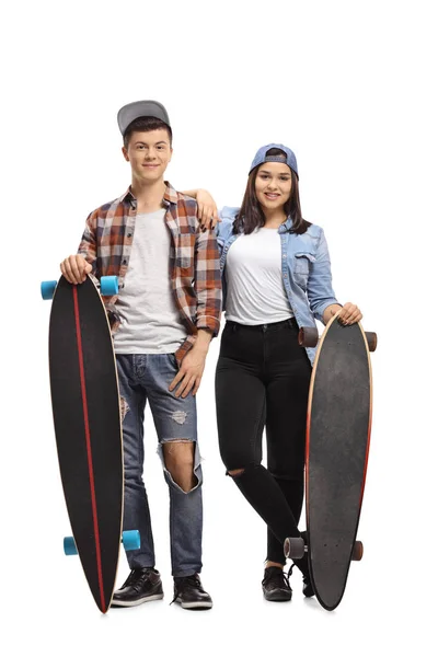 Full Length Portrait Teenagers Longboards Isolated White Background — Stock Photo, Image