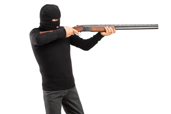 Masked Man Aiming Rifle Isolated White Background — Stock Photo, Image