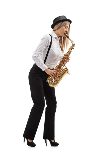 Full Längd Profil Skott Kvinnliga Jazzmusiker Som Spelar Saxofon Isolerad — Stockfoto
