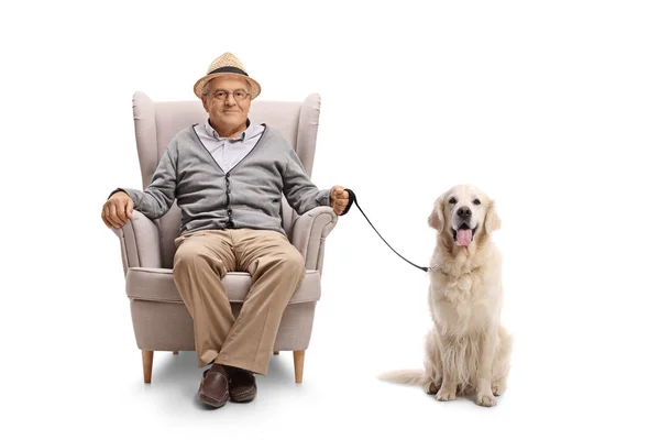 Homem Idoso Com Cão Labrador Retriever Sentado Uma Poltrona Isolada — Fotografia de Stock