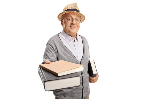 Volwassen Man Die Geeft Boeken Geïsoleerd Witte Achtergrond — Stockfoto