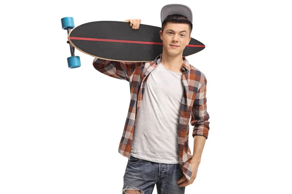 Teenage Hipster Holding Longboard Isolated White Background — Stock Photo, Image