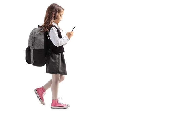 Teljes Hossza Profil Egy Kis Iskolás Gyaloglás Lövés Használ Egy — Stock Fotó