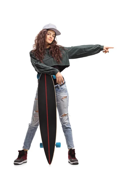 Full Length Portrait Teenage Skater Girl Posing Longboard Pointing Isolated — Stock Photo, Image