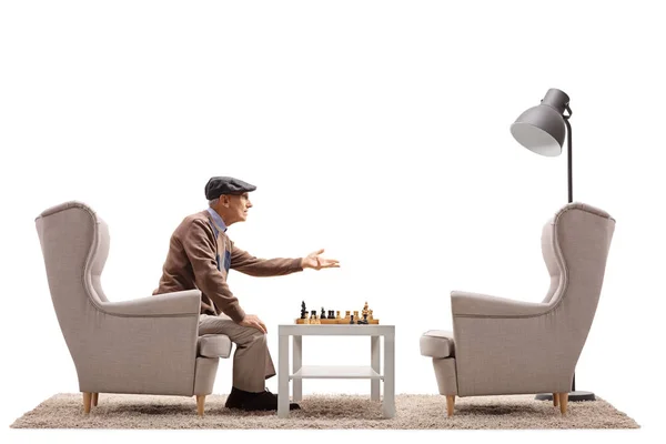 Elderly Man Playing Game Chess Arguing Empty Armchair Isolated White — Stock Photo, Image