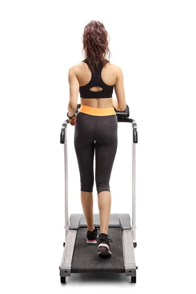 Full Length Rear View Shot Fitness Woman Walking Treadmill Isolated — Stock Photo, Image