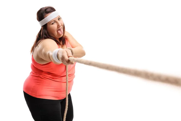 Tired Overweight Woman Pulling Rope Isolated White Background — Stock Photo, Image