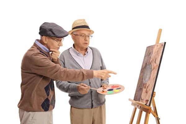 Två Äldre Män Som Tittar Målning Och Prata Isolerad Vit — Stockfoto