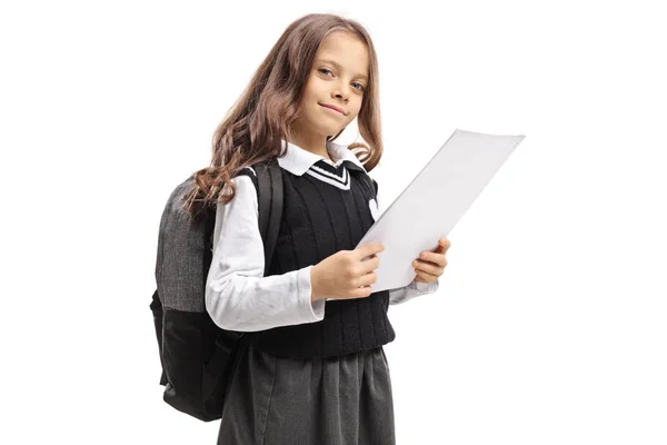 Little Schoolgirl Holding Exam Isolated White Background — Stock Photo, Image