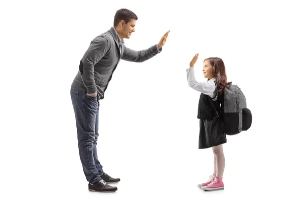 Full Length Profile Shot Father High Fiving His Daughter Isolated — Stock Photo, Image