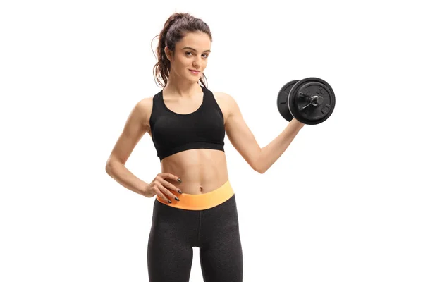 Fitness Vrouw Met Een Halter Geïsoleerd Witte Achtergrond — Stockfoto