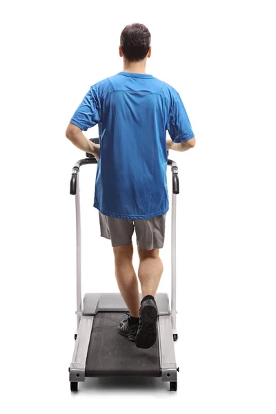 Full Length Rear View Shot Young Man Running Treadmill Isolated — Stock Photo, Image