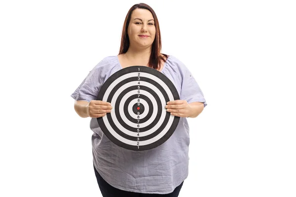 Overweight Woman Holding Target Isolated White Background — Stock Photo, Image