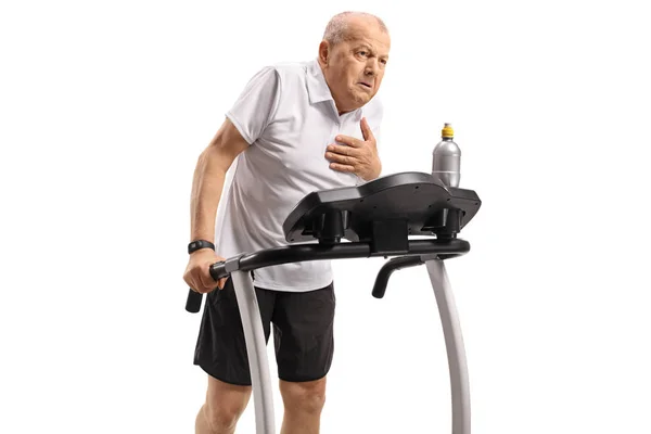 Senior Exercising Treadmill Having Heart Attack Isolated White Background — Stock Photo, Image