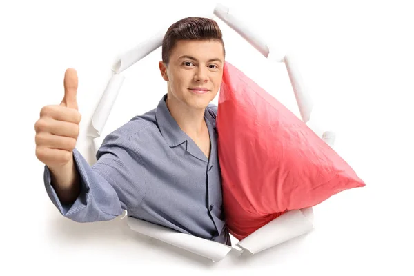 Teenage Boy Pajamas Pillow Breaking Paper Making Thumb Sign — Stock Photo, Image
